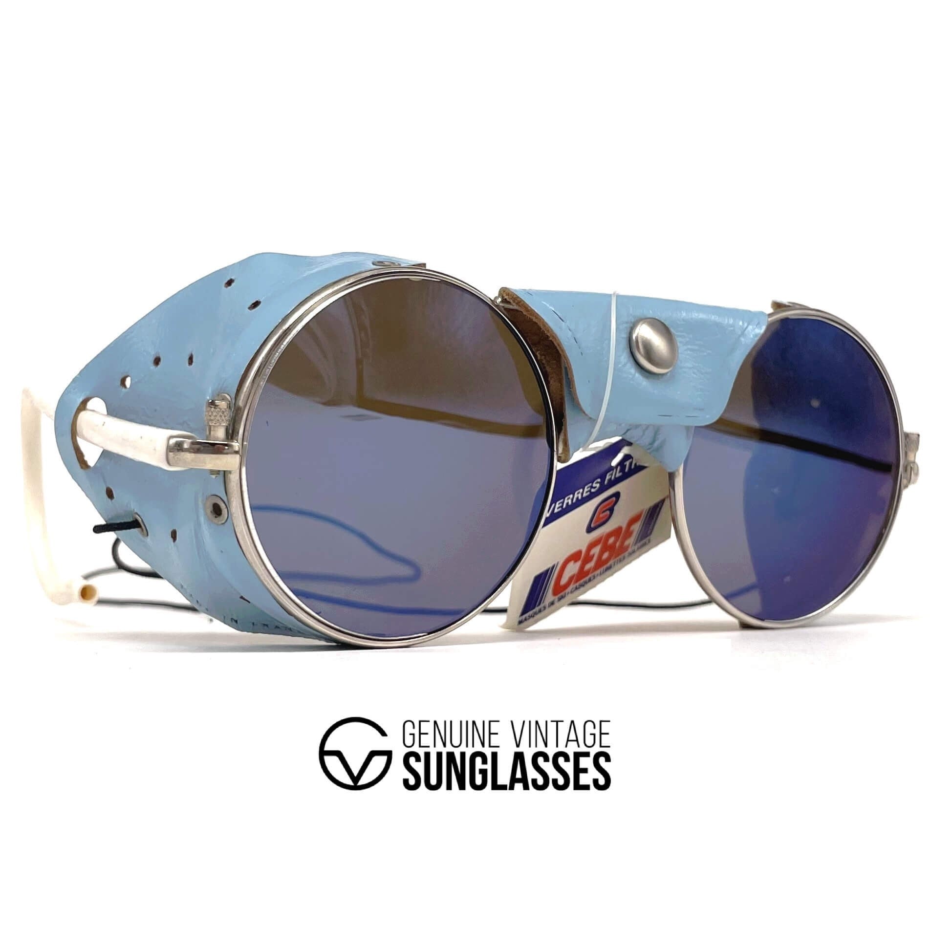 Vintage CEBE 286 blue leather glacier mirrored sunglasses