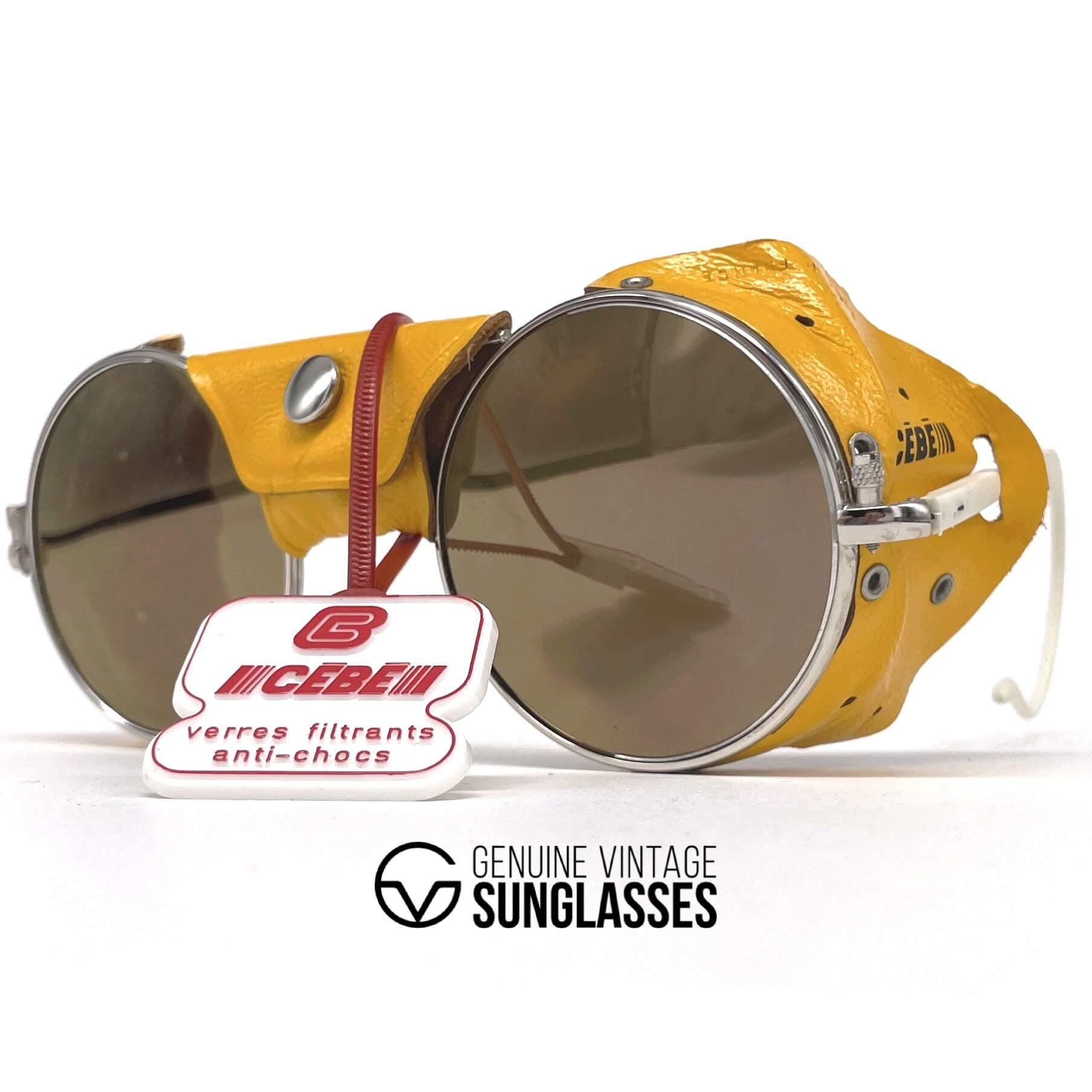 Vintage CEBE 286 yellow leather glacier mirrored sunglasses